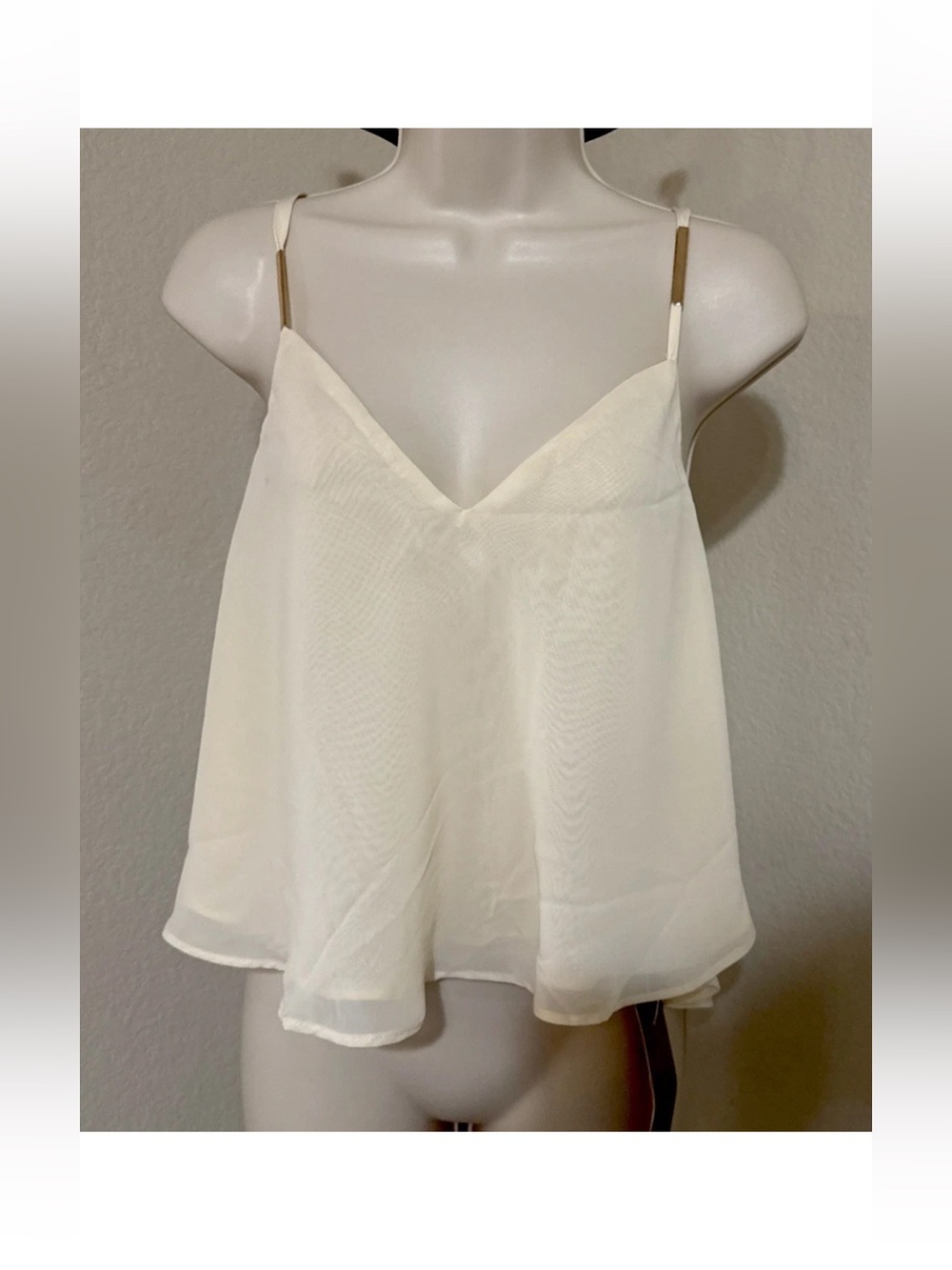 Sexy  Cream Sheer Spaghetti Straps V‑Neck Flowy Lightweight top  Size L